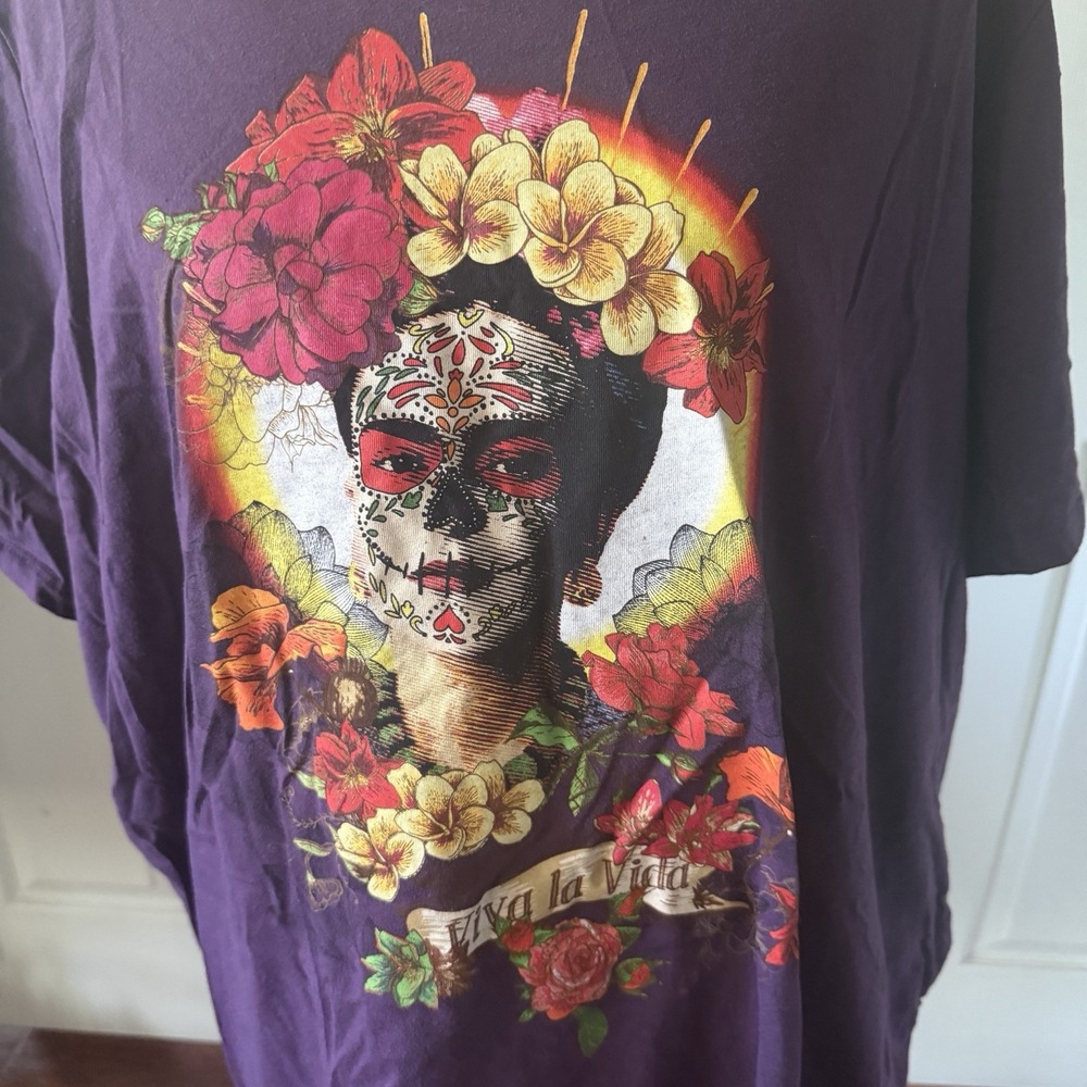 Frida Kahlo Shirt Size 6 Purple Sugar Skull Dia de los Muertos Floral Tee - Picture 3 of 11